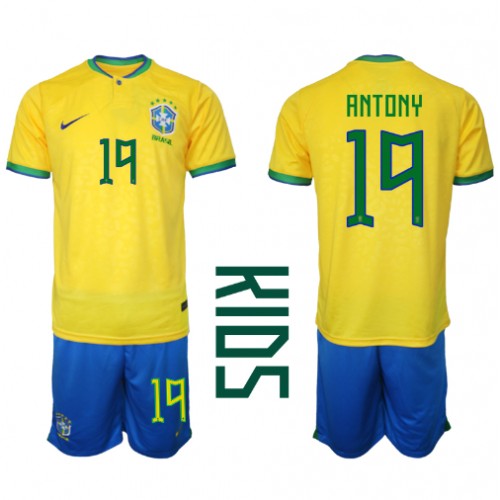 Fotbalové Dres Brazílie Antony #19 Dětské Domácí MS 2022 Krátký Rukáv (+ trenýrky)